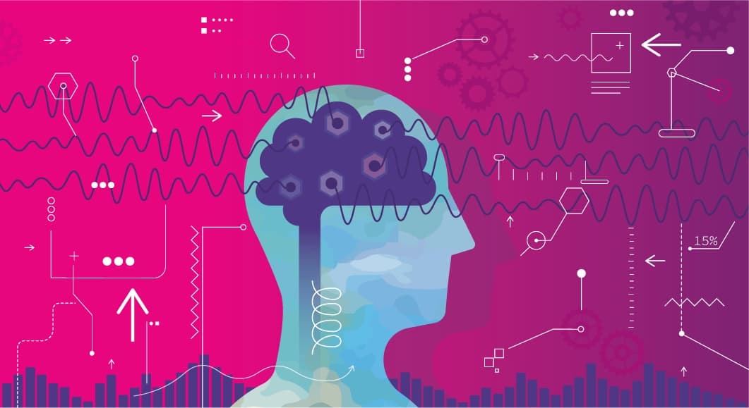 Illustration of a human head in profile with a brain, wave lines and data symbols on a magenta background.