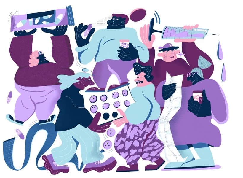 Illustration of a group of cartoon people holding pill packs, a syringe, a pill bottle and a printed sheet.