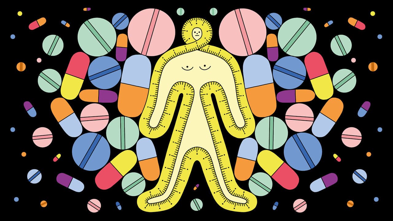 Illustration of a human figure outlined by a yellow measuring tape, surrounded by pills and capsules on a black background.