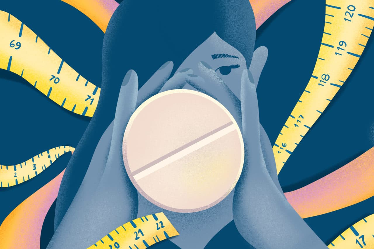 Illustration of a woman holding a large round pill in front of her face, surrounded by measuring tapes.