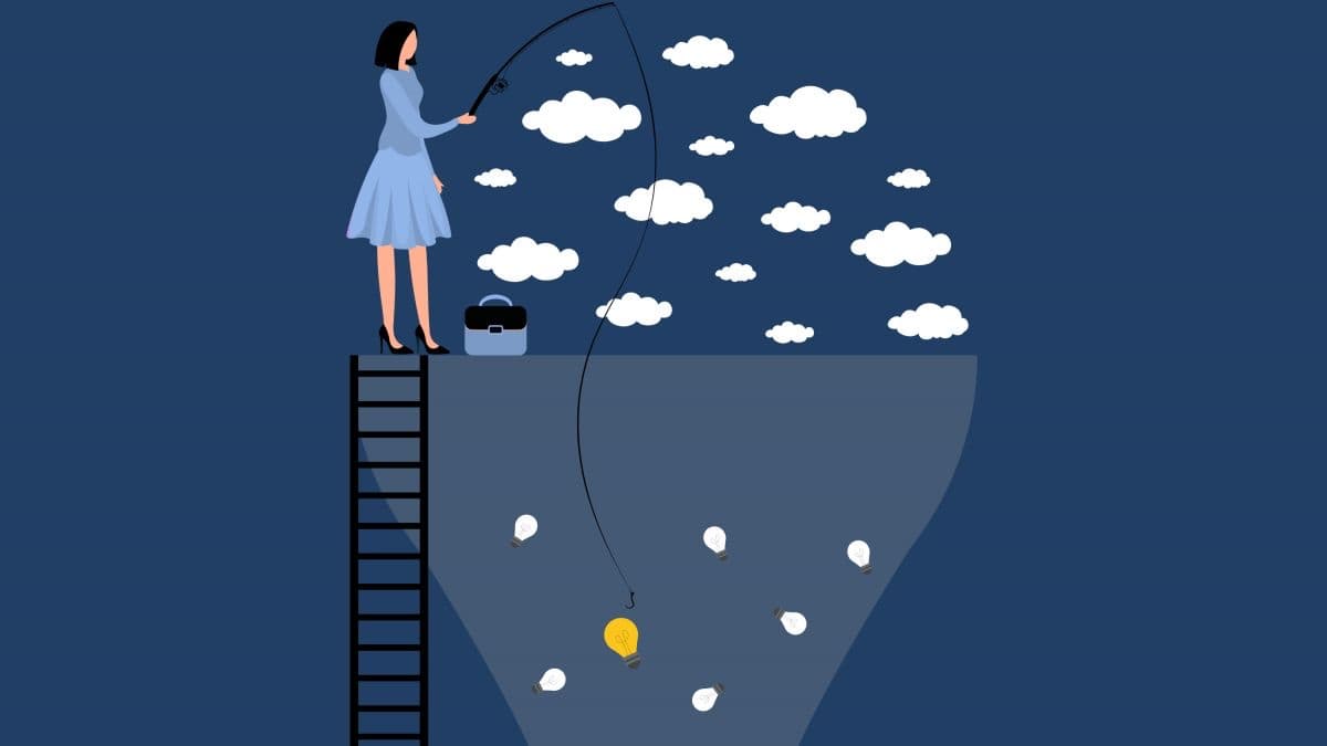 Illustration of a woman in a blue dress fishing from a ledge and hooking a lit light bulb among unlit ones in a funnel below.