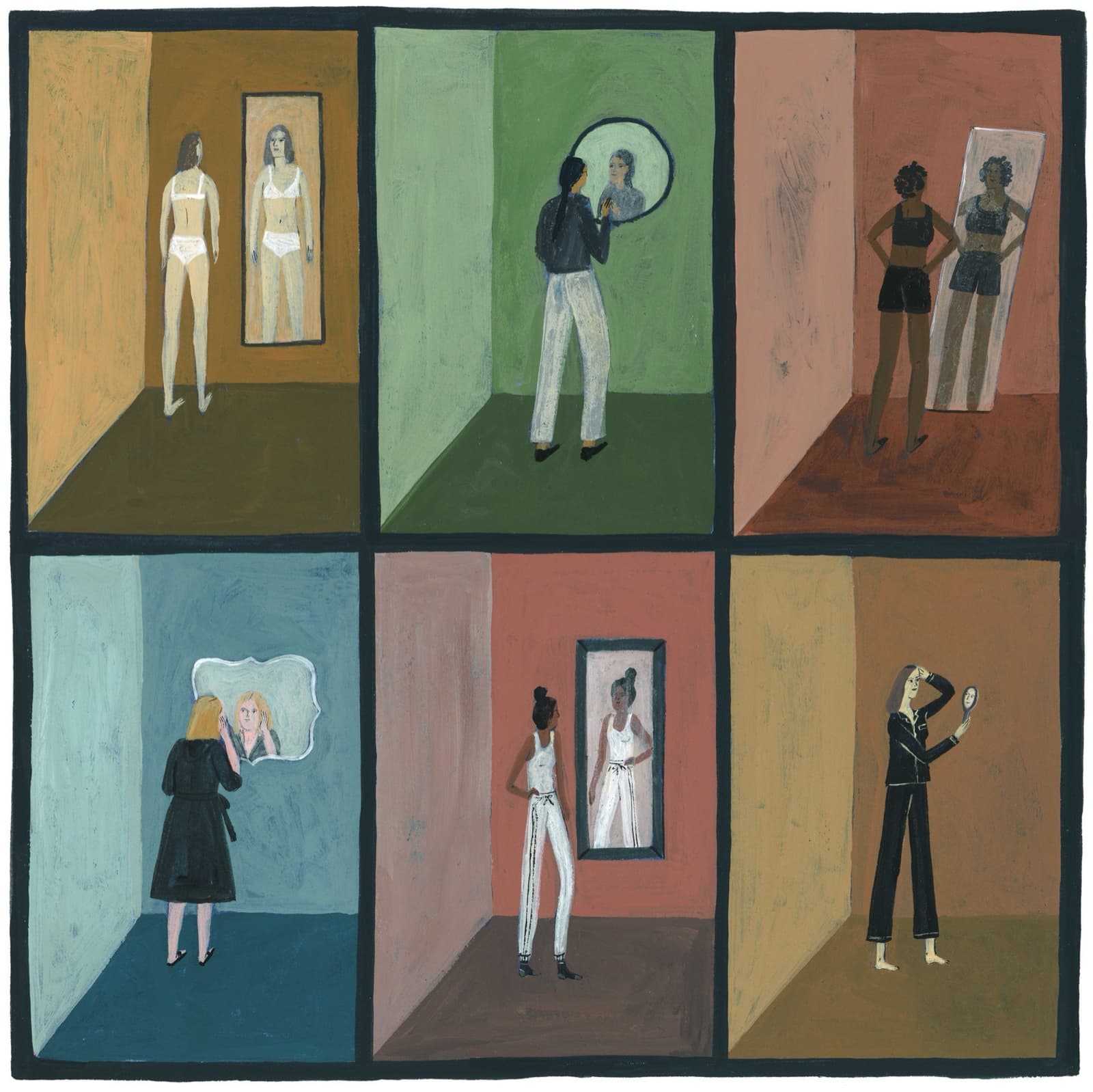 Painting in six panels of women standing in separate rooms, each looking at herself in a mirror.
