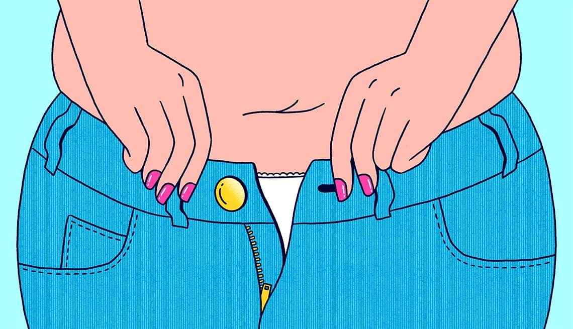 Illustration of a person's hands holding the waistband of blue jeans with the zipper open.