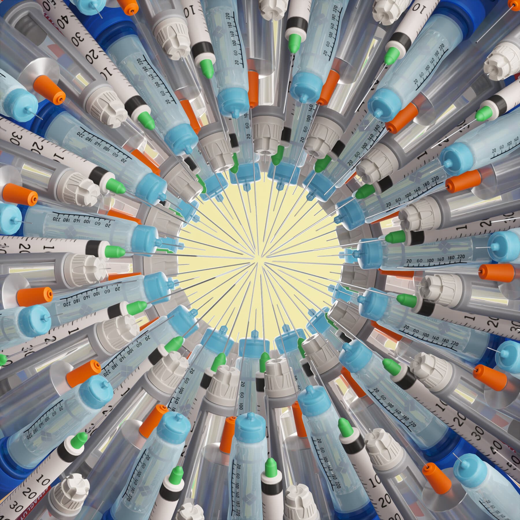 The publisher lead visual depicts syringes arranged in a circular composition.