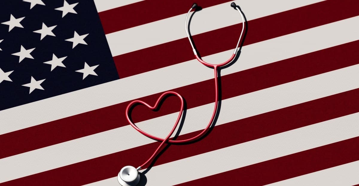 A stethoscope arranged with an American flag motif.