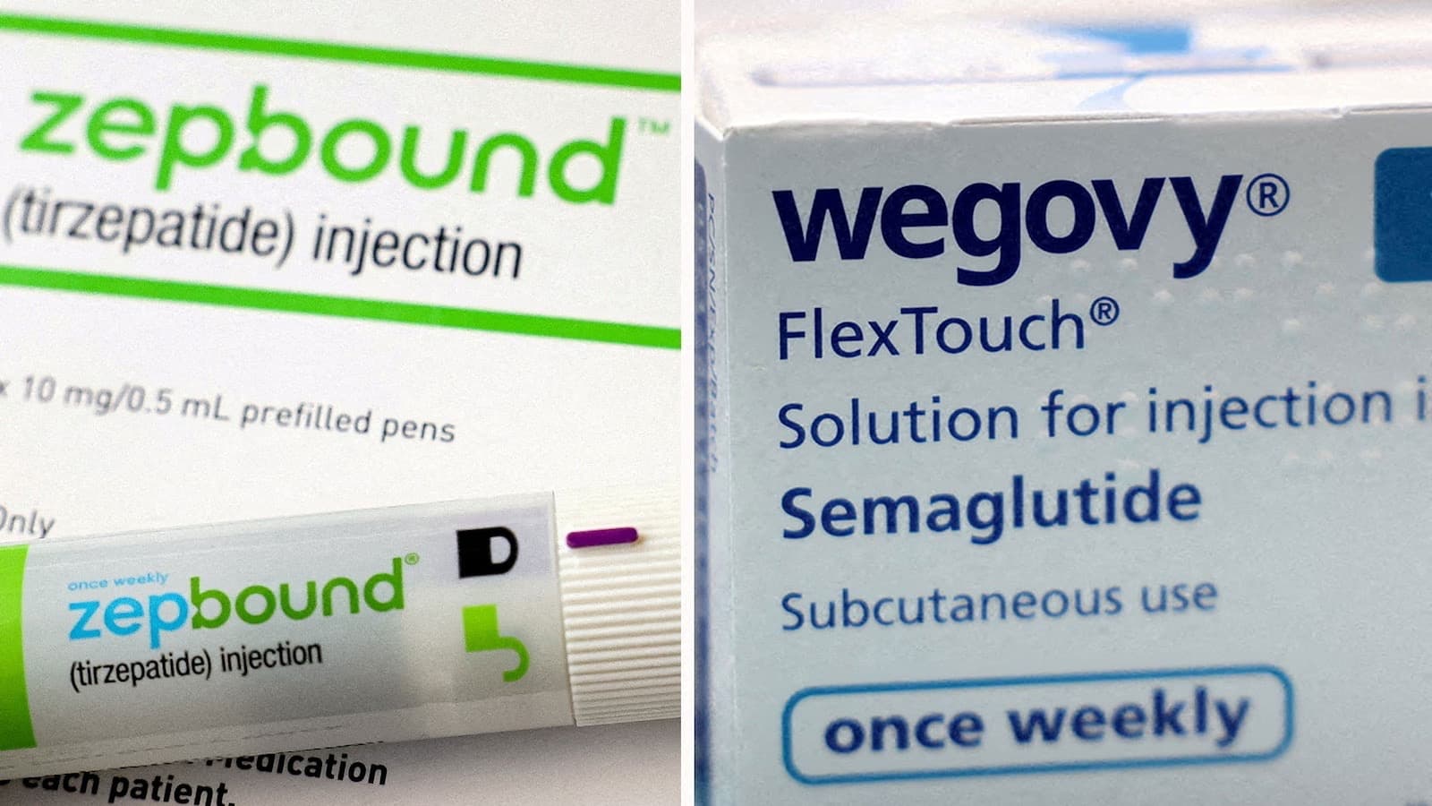 Zepbound injection pen and Wegovy boxes shown in Medicare access coverage.