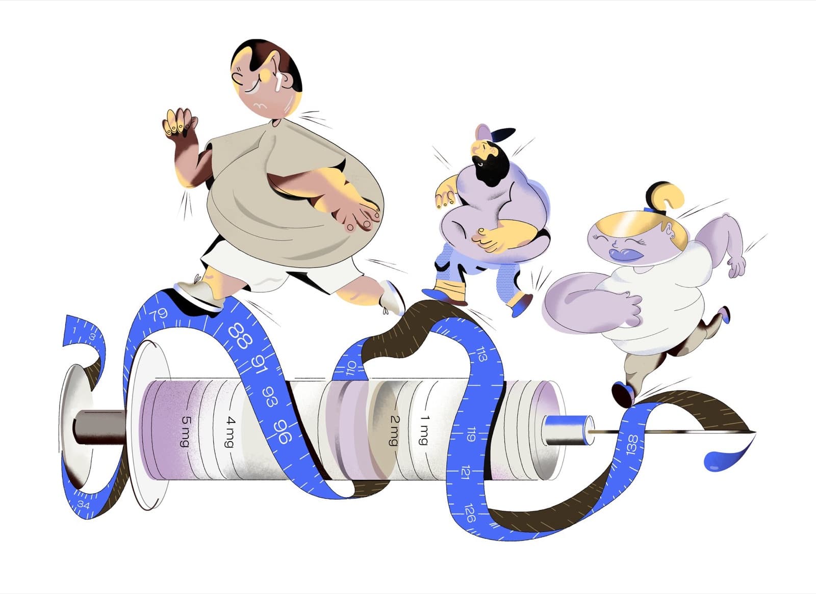 Illustration of three people walking over a giant syringe wrapped in a blue measuring tape.